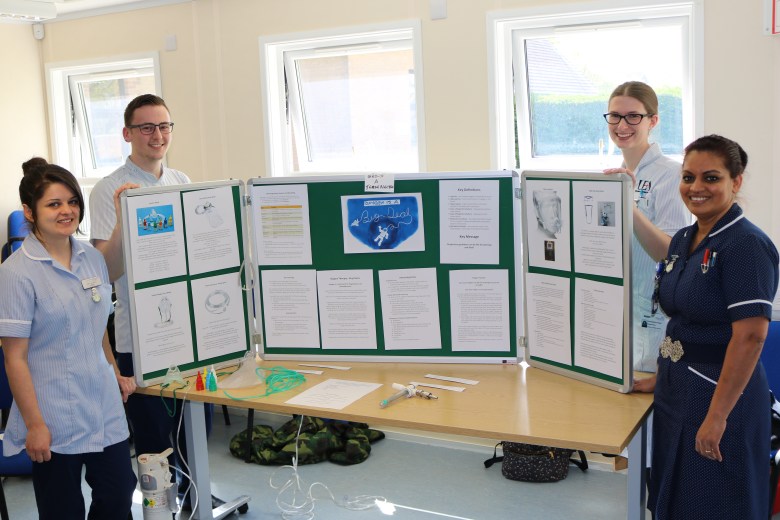 Third-year student nurses Matthew Bennett and Alexandria Haynes with (left) mentor Holly Coe and Sister Phulmattie Mohan