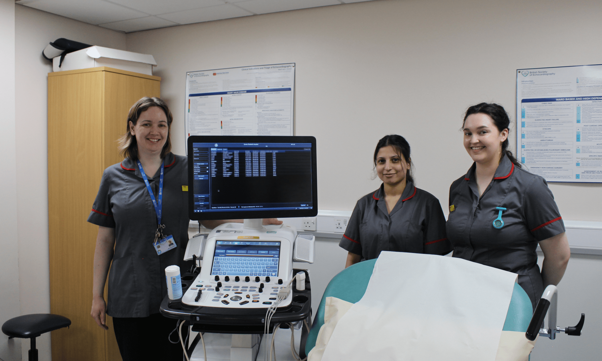 Image of Cardiac Team. (left to right) Michaela Dhillon, Cardiac Diagnostic Service Manager Raneem El-Sherif, Student Alicia Egan, Student