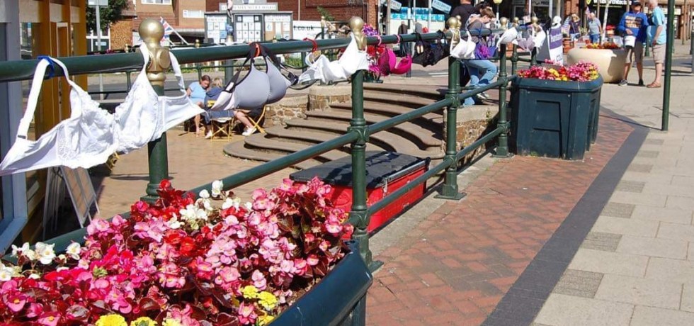 Bras hooked together decorate the streets of Hunstanton on a sunny day