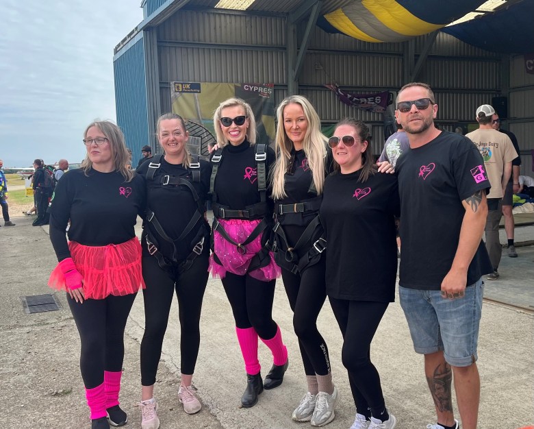 Melanie Batchelor, Nick Marsh, Sophie Beales, Lynne Dean, Rebecca Bowman and Leanne Brooks in their harnesses before their sky dive