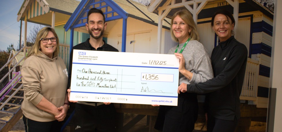 A photo of Alive Wast Norfolk being presented a giant novelty cheque worth £1,356 to the Cancer Care Unit