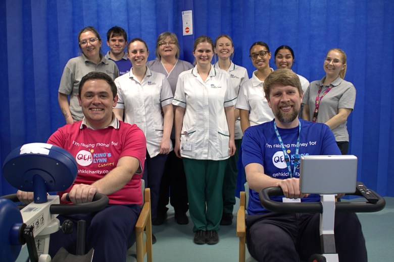 Scott Ablett and John Syson on specialised exercise bicycles with physiotherapists in the background