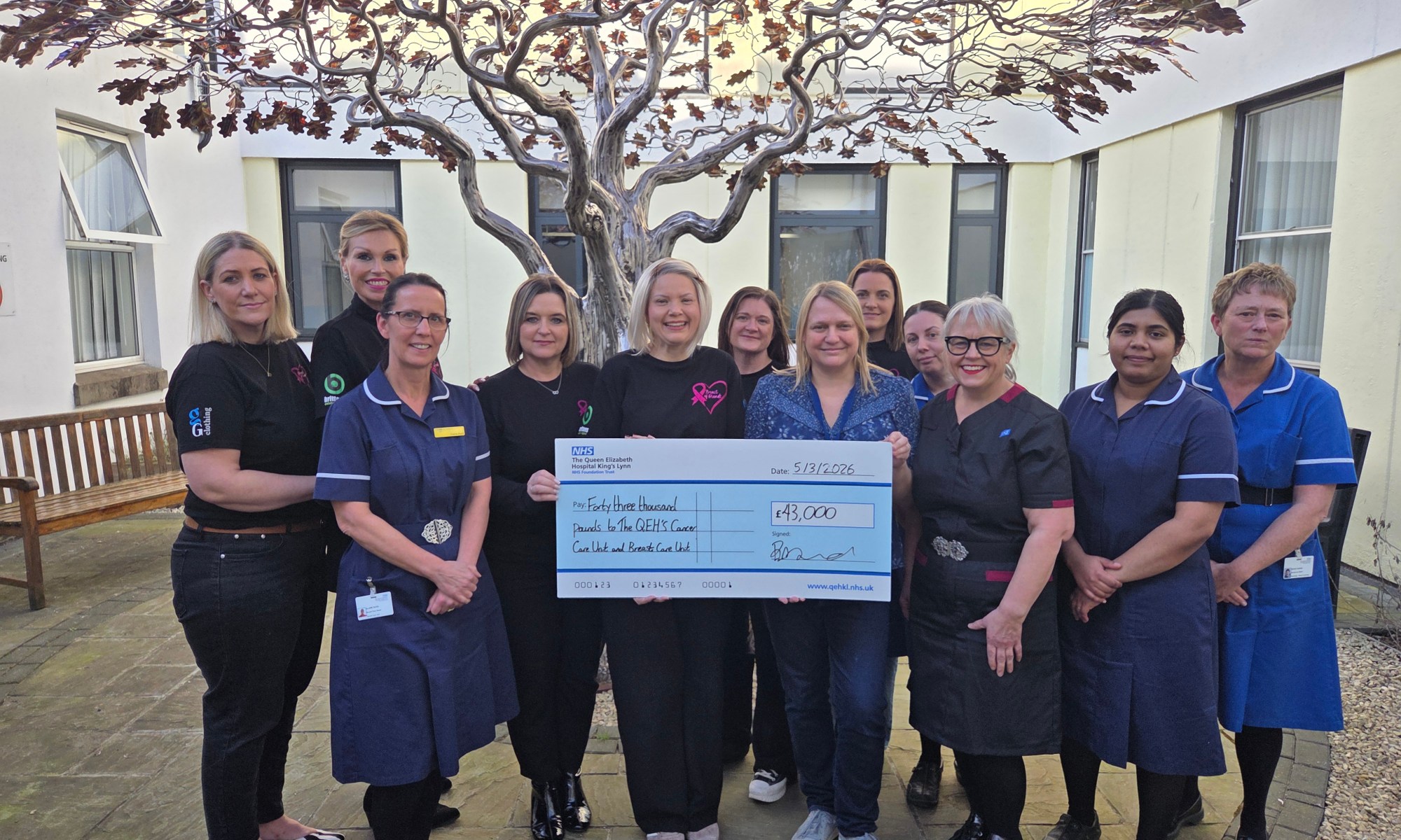 Breast of Friends representatives holding a giant novelty cheque worth £43,000 to Interim Chief Nurse Dawn Collins and other staff nurses