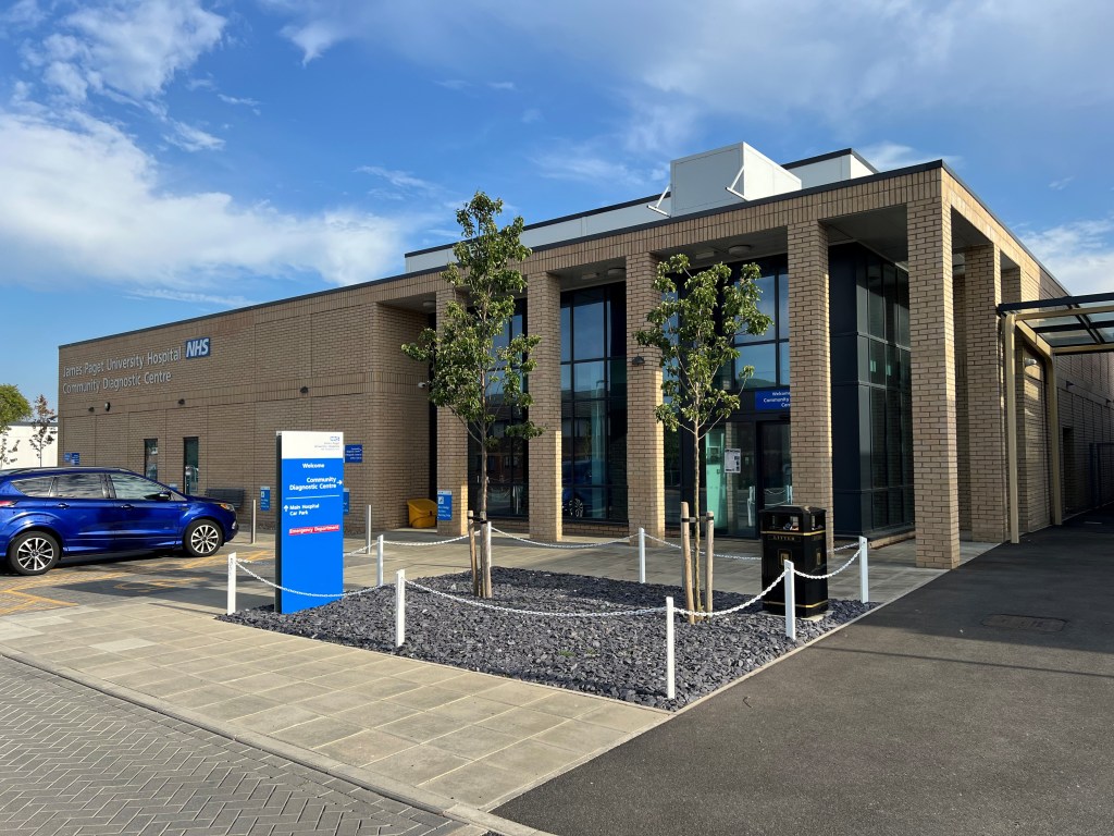 Exterior of the Community Diagnostic Centre at the James Paget University Hospital