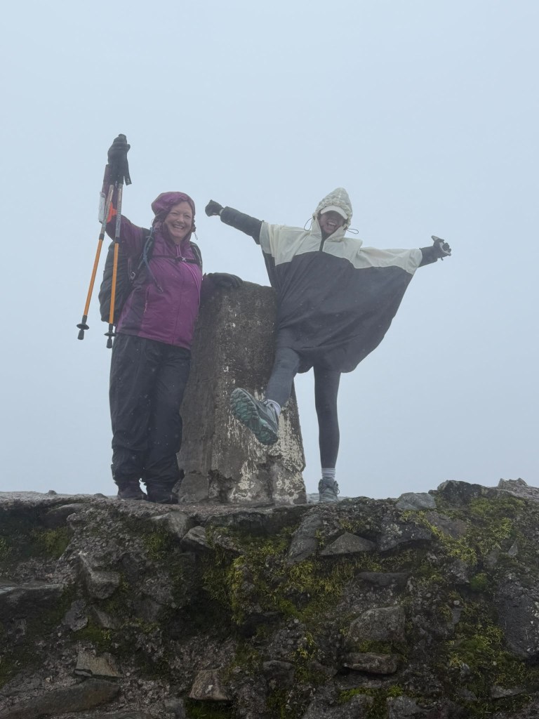 Janet Mick is in the pink coat and Anna Bamford (Jan’s sister-in-law) is in the black coat at the top of Ben Nevis
