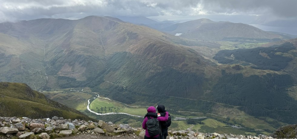 Janet Mick is in the pink coat and Anna Bamford (Jan’s sister-in-law) looking over the beautiful scenery